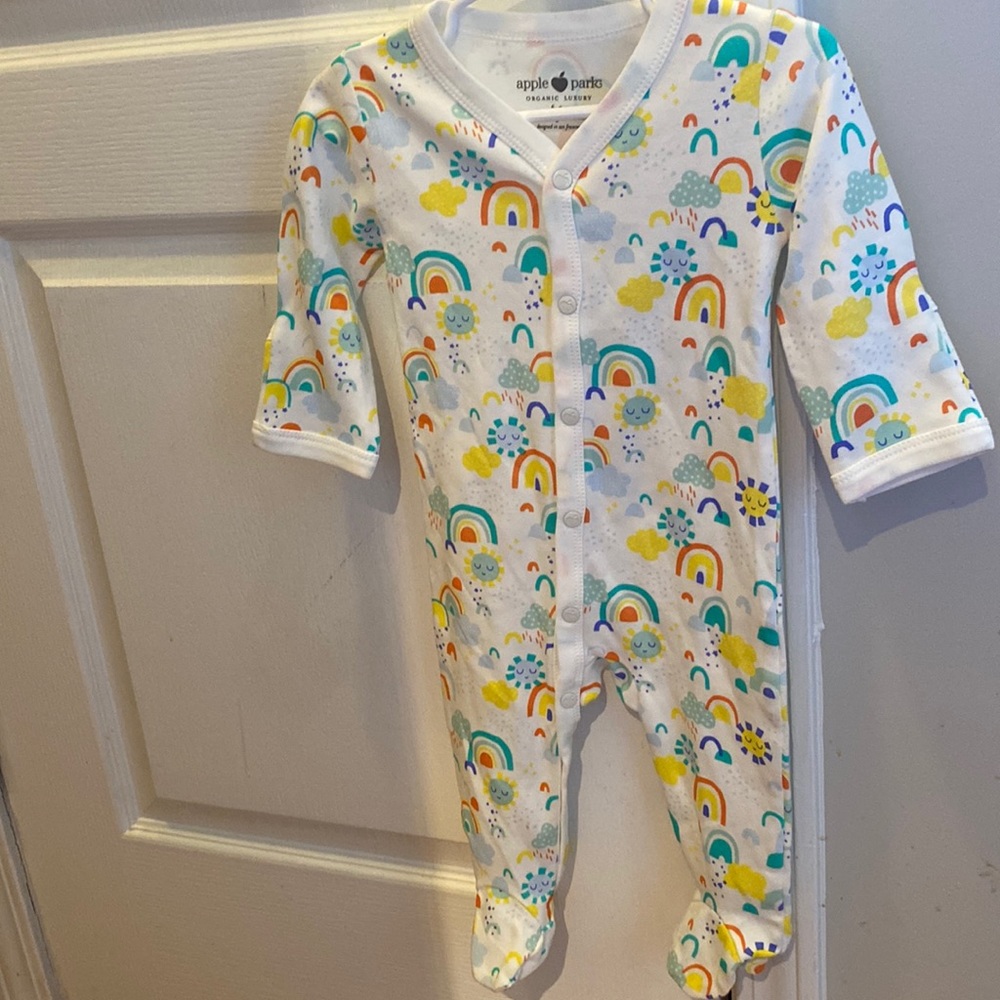 Apple Park baby boy girl footed sleep n play footie mittens rainbow sun 6-9 pjs
